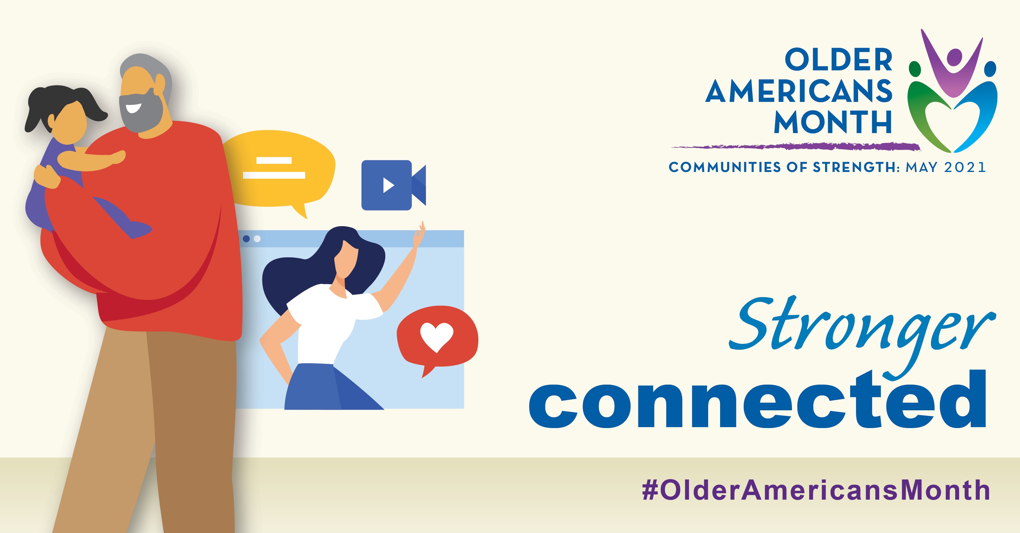Social Media Graphic: Communities of Strength, Older Americans Month, May 2021. Stronger Connected. #OlderAmericansMonth