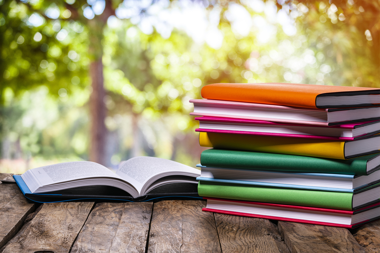 Books on a table outside