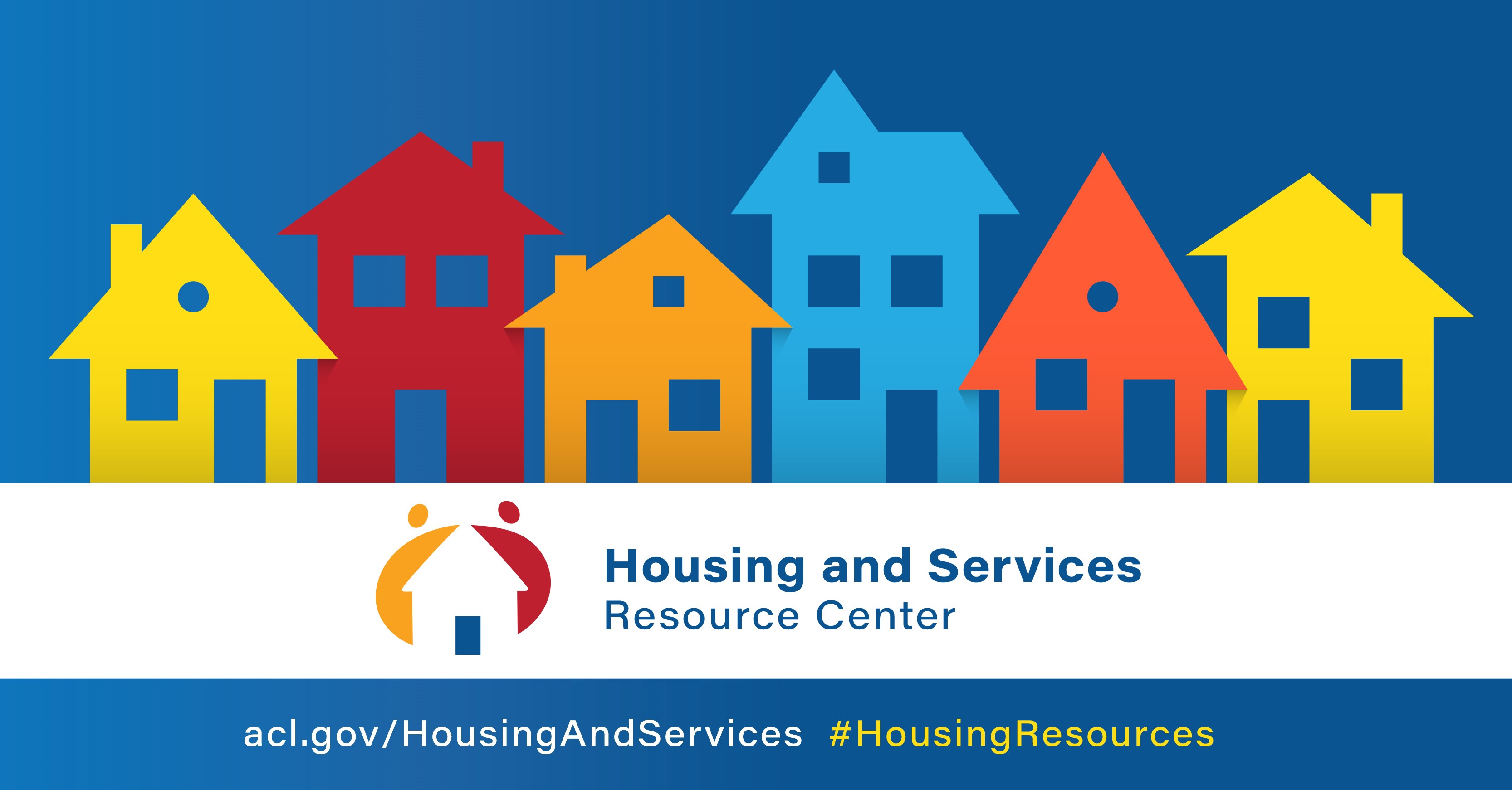Simple graphic with images of houses that says Housing and Services Resource Center and includes a link to the HSRC website