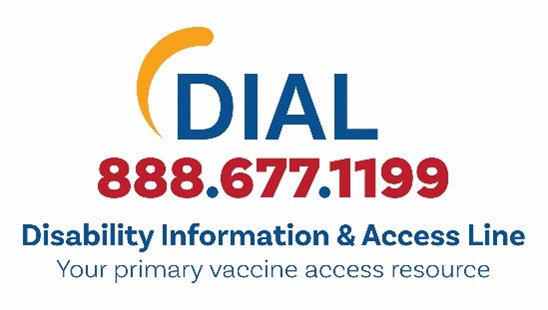 DIAL logo, with phone number and tagline that reads "Your primary vaccine access resource"