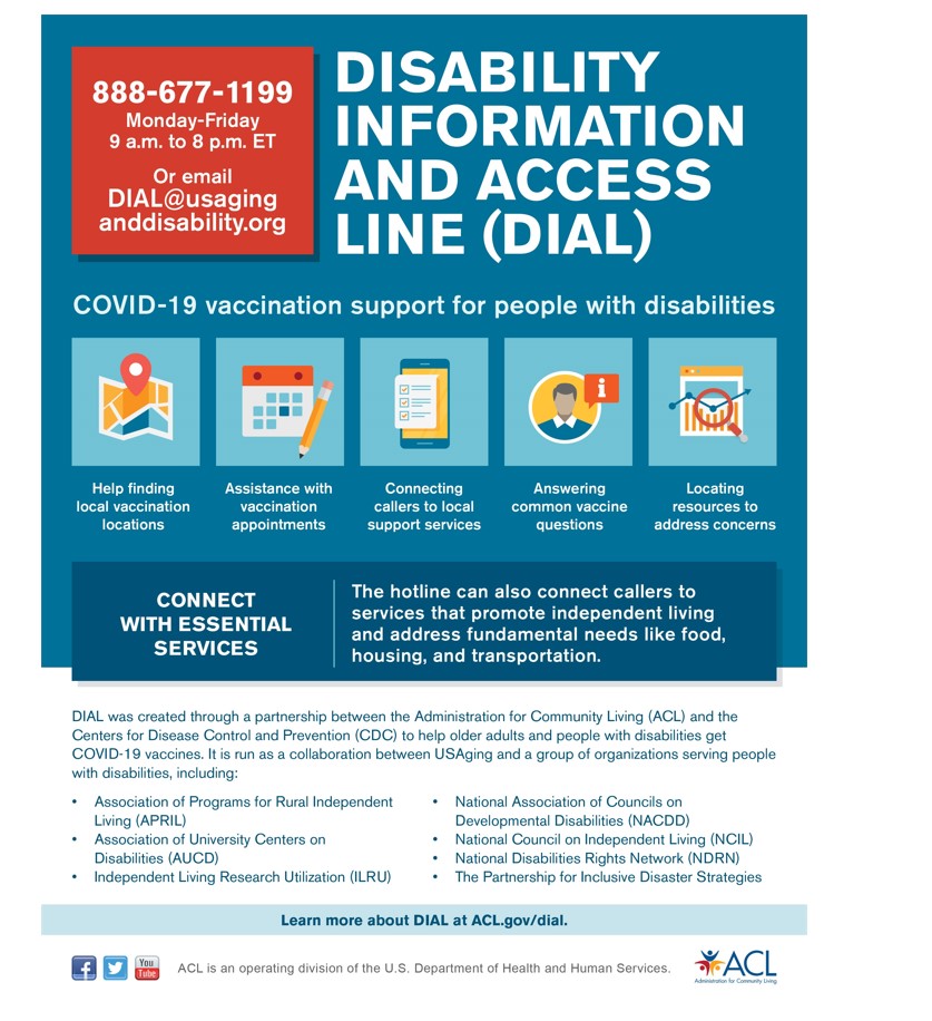 Disability Information and Access Line (DIAL): 888-677-1199, Monday - Friday 9AM-8PM ET or email DIAL@usaginganddisability.org