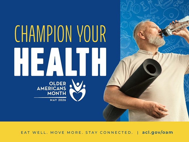 OAM 2026 poster with the theme, "Champion your health," the oam logo, and an older white man with a rolled-up yoga mat under his arm looking off into the distance while drinking from his water bottle.