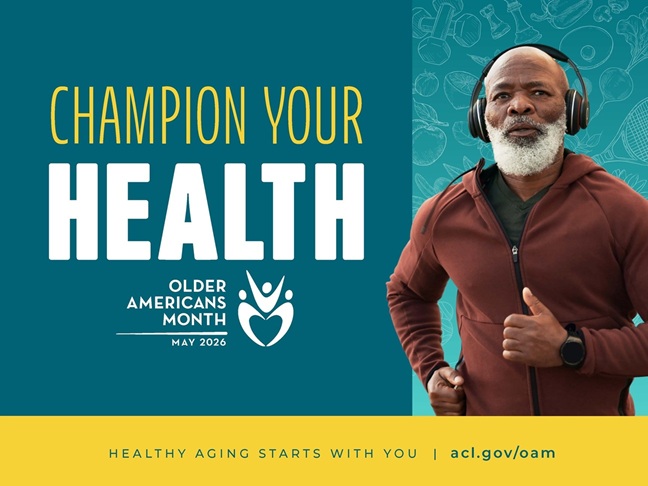 OAM 2026 poster with the theme, "Champion your health," the oam logo, and an older Black man with a white beard wearing headphones, a smart watch, and a red sweatshirt jacket while jogging.
