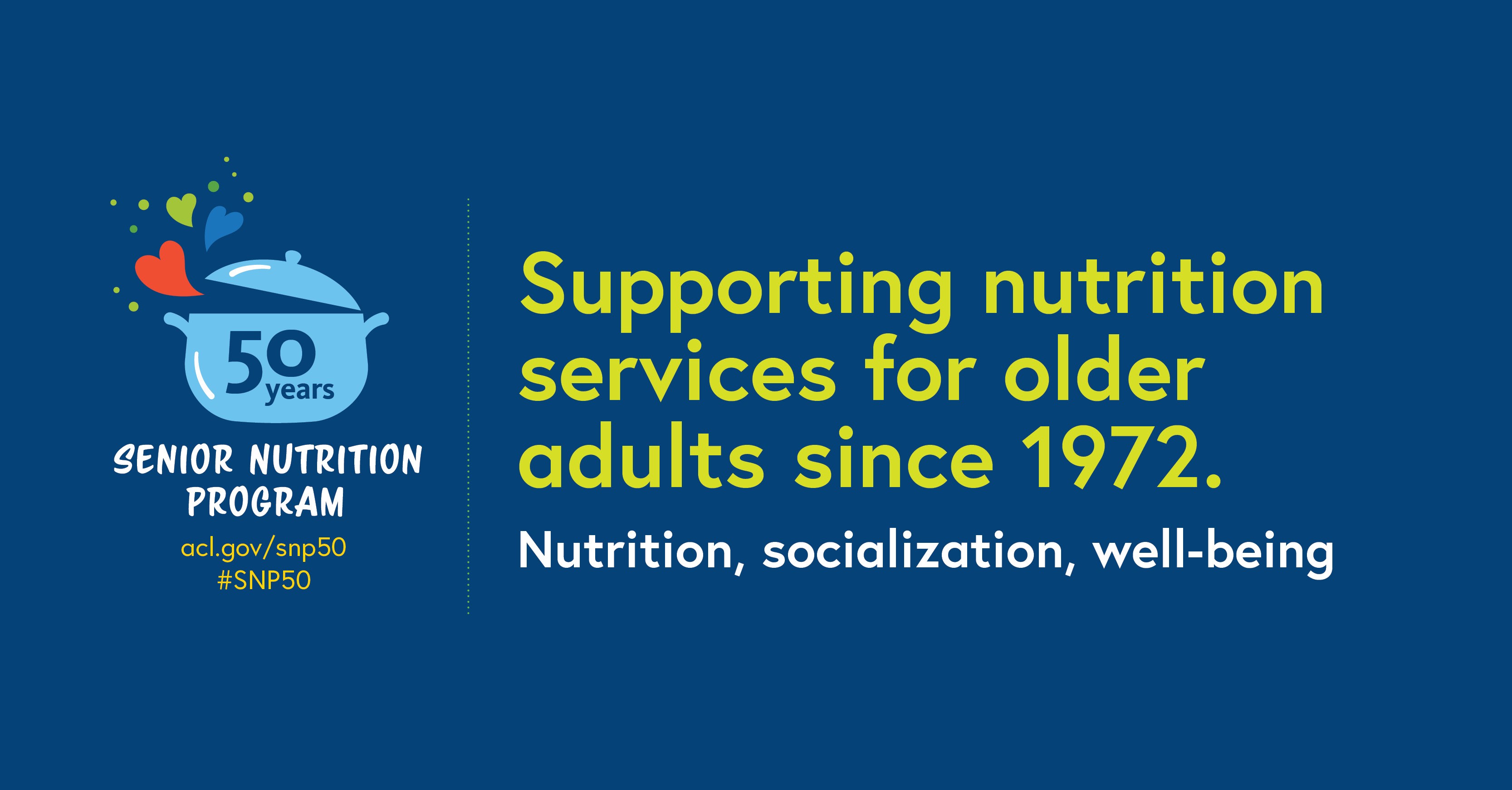 Social Graphic: Supporting nutrition services for older adults since 1972. Nutrition, socialization, well-being. 50 years. Senior Nutrition Program. acl.gov/snp50 #SNP50