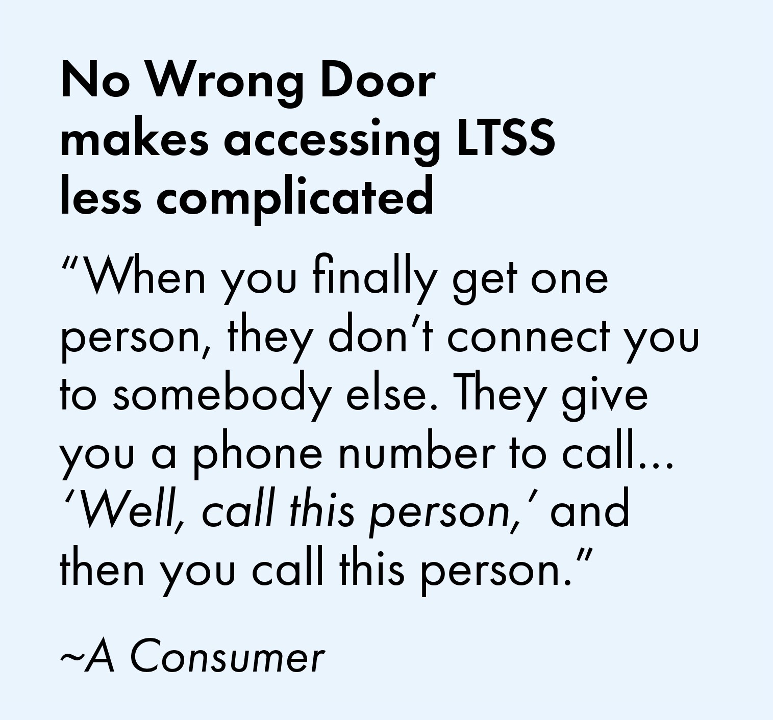 No Wrong Door makes accessing LTSS less complicated. One consumer said, "When you finally get one person, they don't connect you to somebody else. They give you a phone number to call...'Well, call this person,' and then you call this person."