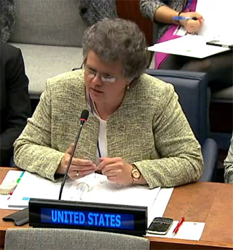 Photo of Kathy Greenlee speaking at the UN